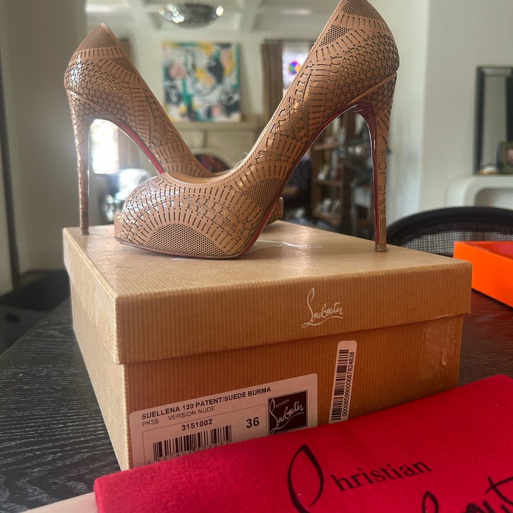 Christian Louboutin Tan Peep-Toe Heels